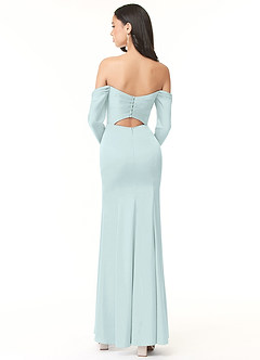 Azazie Hallie Bridesmaid Dresses Sea Glass Sheath Off-The-Shoulder Long Sleeve Stretch Satin Convertible Dress image4