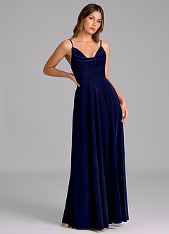 Azazie Sarella Robes de demoiselle d'honneur Robe Trapèze en velours Plissée Bleu Marine Foncé image4
