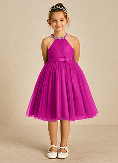 Azazie Honey Flower Girl Dresses Fuchsia A-Line Beaded Matte Satin Dress image1