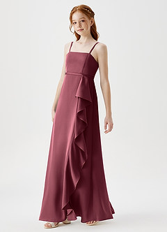 Azazie Kaylee Junior Robe Trapèze en Satin extensible avec ceinture Merlot image4