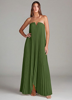 Azazie Sierra Jurken voor bruidsmeisjes Converteerbaar Jurk van Stretch Satijn met A-Lijn Strapless Olijf image3