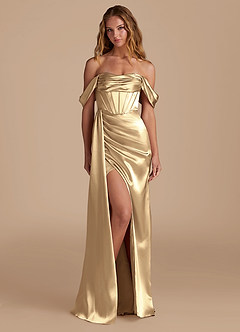 Azazie Amyra Bridesmaid Dresses Champagne Mermaid Sweetheart Neckline Metallic Satin Convertible Dress image1