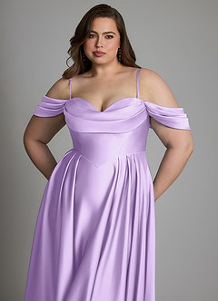 Azazie Loisa Vestidos de damas de honor Vestido Lila de Satén Elástico de Línea A con Hombros descubiertos image14