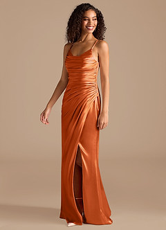 Azazie Deandra Bridesmaid Dresses Burnt Orange Mermaid Pleated Metallic Satin Dress image3