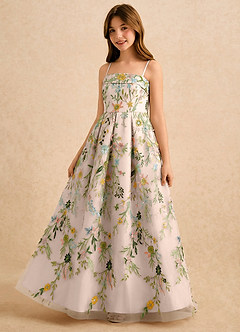 Azazie Lark Girls Formal Flower Girl Dresses Blushing Pink A-Line Pleated Lace Dress image3