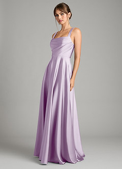 Azazie Shaude Bridesmaid Dresses Frosted Lilac A-Line Pleated Stretch Satin Dress image5