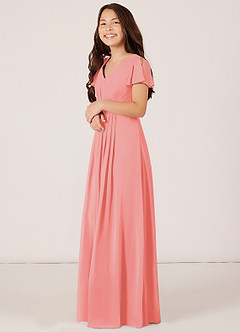 Azazie Peony Junior Robe Trapèze en Mousseline de soie Plissée Corail image3