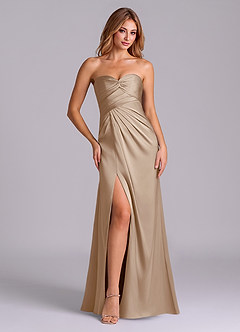 Azazie Sabrine Abiti da Damigella Abito A-Line in Raso Elasticizzato Scollo a Cuore Taupe image1