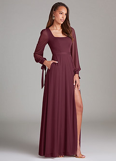 Azazie Leonia Bridesmaid Dresses Cabernet A-Line Long Sleeve Mesh Dress image3