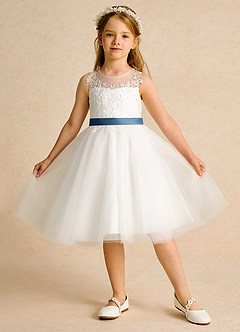 Azazie Lettie Blumenmädchenkleider Ballkleid Spitze Kleid Elfenbein Bermudablau image1