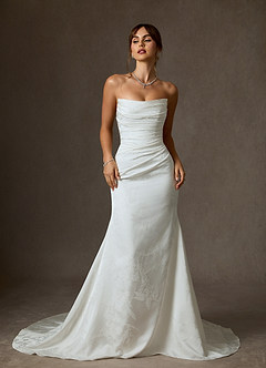 Azazie Elyse Wedding Dresses Diamond White Mermaid Strapless Floral Jacquard Dress image3