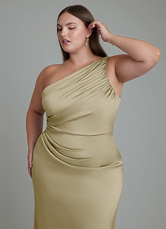 Azazie Akilah Bridesmaid Dresses Moss Green Mermaid One Shoulder Stretch Satin Dress image13