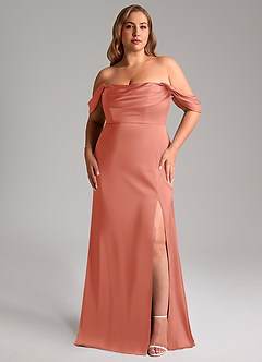 Azazie Saige Abiti da Damigella Abito Tubino in Raso Elasticizzato a Spalla Scoperta Salmone Rosa image11