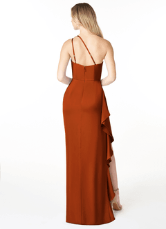 Azazie Latrice Bridesmaid Dresses Burnt Orange Sheath One Shoulder Cascading Ruffles Stretch Satin Dress image2