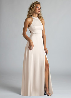 Azazie Clarice Robes de demoiselle d'honneur Robe Trapèze en Satin extensible Col haut Albâtre Blanc image2