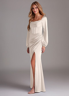 Azazie Charissa Brautjungfernkleider Etui Langarm Stretch-Satin Kleid Alabaster Weiß image5