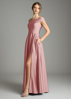 Azazie Melanie Suknie dla druhen Linia A Zza ramienia Satyna elastyczna Do ziemi Sukienka image4