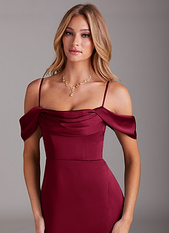 Azazie Saige Bridesmaid Dresses Burgundy Mermaid Off the Shoulder Stretch Satin Dress image2
