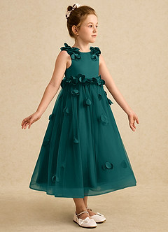 Azazie Atta Flower Girl Dresses Peacock A-Line One Shoulder Tulle Dress image3