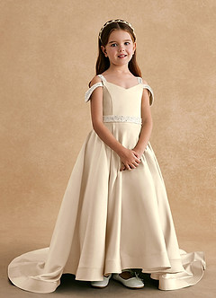 Azazie Jodi vestidos de niña de las flores Vestido de Champán de Satin Mate de Corte En A image4