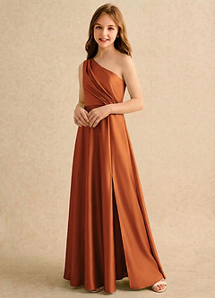 Azazie Puddles Girls Formal Robe Demoiselle D'honneur Fillette Robe Trapèze en Satin extensible Une épaule Cannelle image4