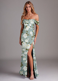 Azazie Saige Bridesmaid Dresses Misty Floral Garden Sheath Off the Shoulder Stretch Satin Dress image1