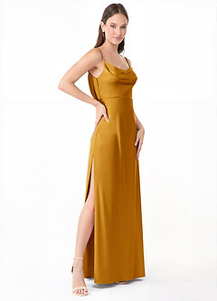 Azazie Alaija Bridesmaid Dresses Butterscotch Mermaid Side Slit Stretch Satin Dress image3