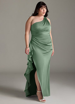 Azazie Latrice Bridesmaid Dresses Matcha Sheath One Shoulder Cascading Ruffles Stretch Satin Dress image9