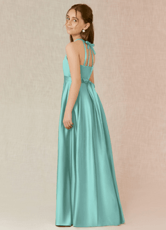 Azazie Arianthe Junior Vestido de Aqua de Satén Elástico de Corte En A con Con bolsillos image3