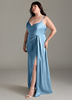Azazie Brielle Robes de demoiselle d'honneur Robe Trapèze en Satin extensible Bretelles spaghetti Acier Bleuté image10