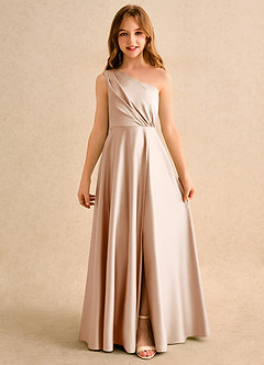 Azazie Puddles Girls Formal vestidos de niña de las flores Vestido de Rosa Inglesa de Satin Mate de Corte en A con Hombro unilateral image4