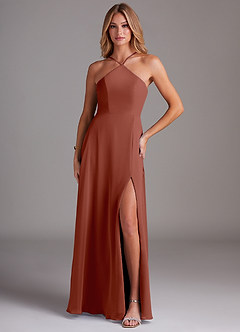Azazie Bailey Bridesmaid Dresses Auburn A-Line Halter Side Slit Chiffon Dress image1