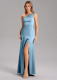 Azazie Feby Bridesmaid Dresses Steel Blue A-Line One Shoulder Stretch Satin Dress image6