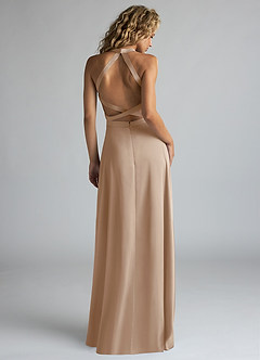 Azazie Clarice Bridesmaid Dresses Taupe A-Line High Neck Stretch Satin Dress image3