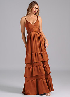 Azazie Nathalia Bridesmaid Dresses Cinnamon A-Line Pleated Stretch Satin Dress image1