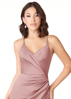 Azazie Geanna Bridesmaid Dresses Dusty Rose Sheath V-Neck Pleated Stretch Satin Dress image5