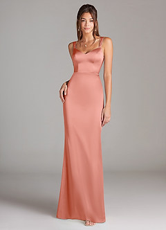 Azazie Denice Bridesmaid Dresses Coral Sheath Pleated Stretch Satin Dress image3