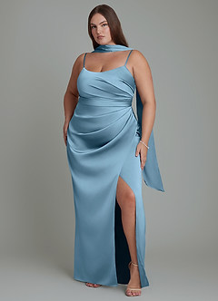 Azazie Calandra Vestidos de damas de honor Vestido Azul Acero de Satén Elástico de Corte Recto con Plisado image6