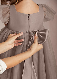 Azazie Kalio Flower Girl Dresses Taupe A-Line with Sleeves Tulle Dress image4