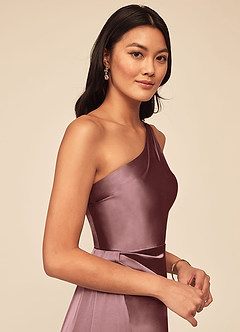 Azazie Maron Bridesmaid Dresses Vintage Mauve A-Line One Shoulder Stretch Satin Dress image5