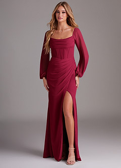 Azazie Charissa Brautjungfernkleider Etui Langarm Chiffon Kleid Burgunderrot image1