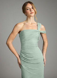 Azazie Tati Jurken voor bruidsmeisjes Jurk van Mesh met Kolom Off the Shoulder Agave image1