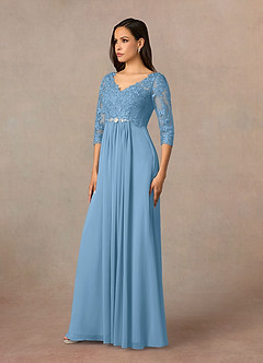Azazie Hayek vestidos de madre de la novia Vestido de Azul Acero de Gasa de Corte En A con Cuello en V de encaje image2