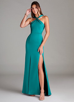 Azazie Rue Bridesmaid Dresses Teal A-Line Pleated Stretch Satin Dress image1