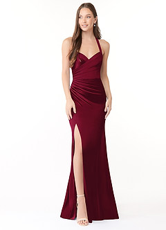 Azazie Emeria Bridesmaid Dresses Burgundy Mermaid Pleated Stretch Satin Dress image1
