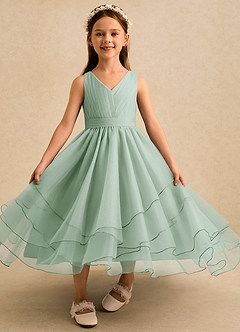 Azazie Seraphina Flower Girl Dresses Agave A-Line Pleated Tulle Dress image4