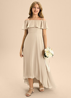 Azazie Maggie Junior Champagne A-Line Off the Shoulder Chiffon Dress image3
