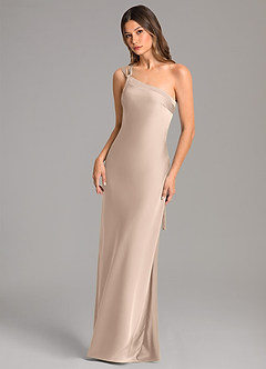 Azazie Monroe At-home Try On Dresses English Rose Mermaid One Shoulder Stretch Satin Dress image4