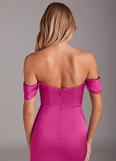 Azazie Saige Bridesmaid Dresses Fuchsia Sheath Off the Shoulder Stretch Satin Dress image9