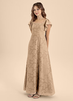 Azazie Bondi Junior Champagne A-Line Bow Floral Burnout Dress image3